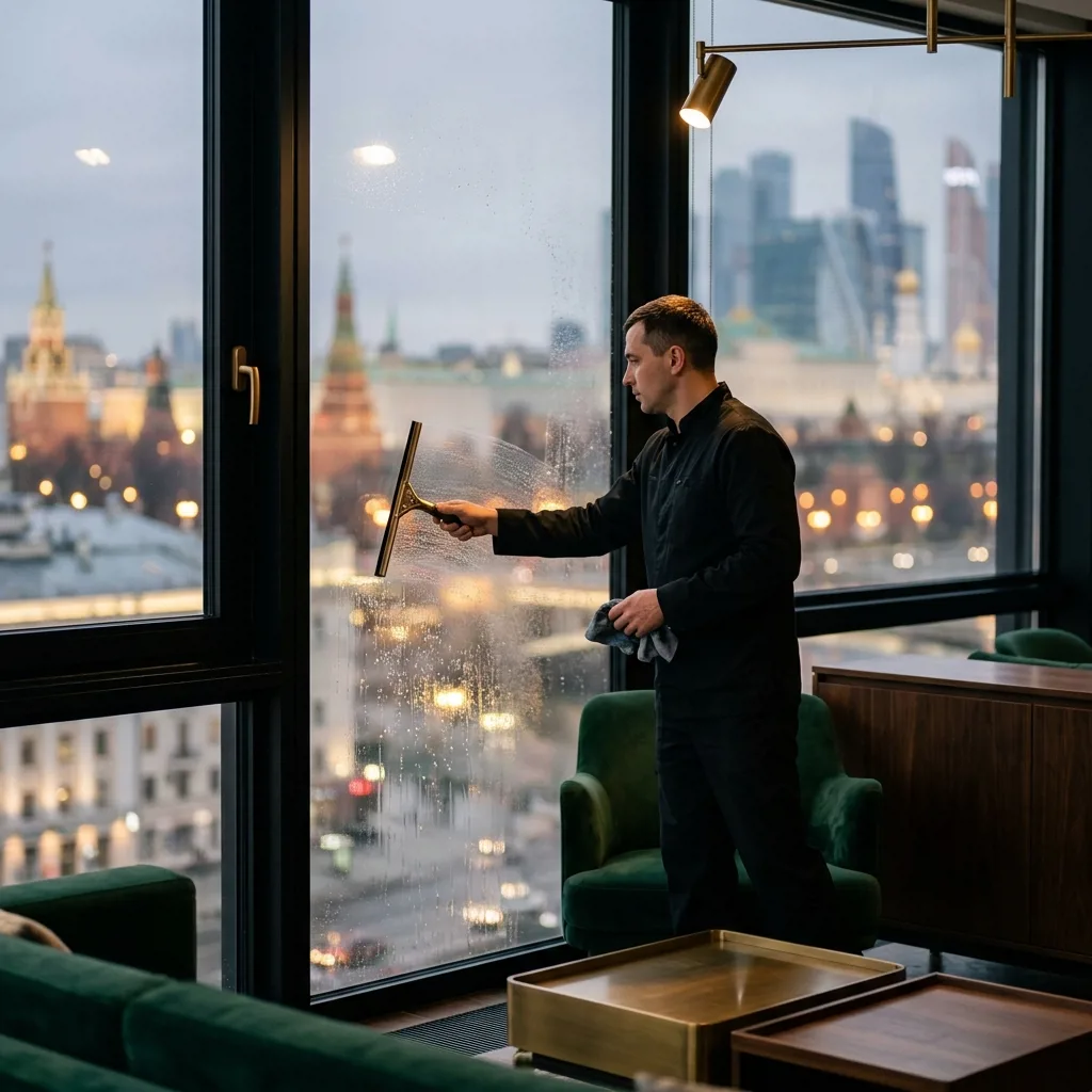 Клинер выполняет генеральную уборку в московской квартире — моет окно с профессиональным инвентарём