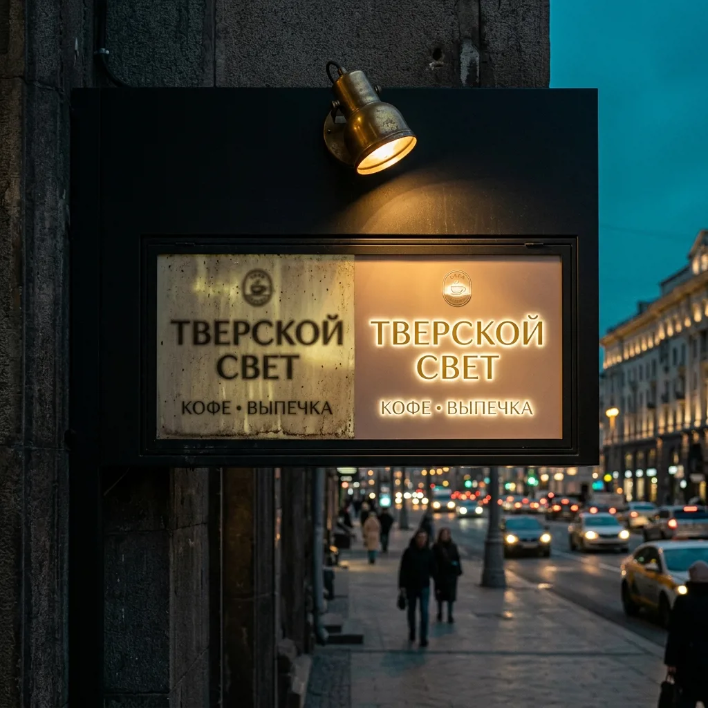 Световой короб ресторана до мойки — тусклый, загрязнённый